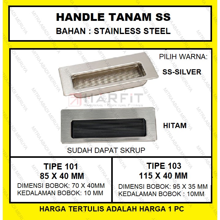 Handle Tanam Tarikan Lemari Silver Hitam Kotak Aluminium 101 103