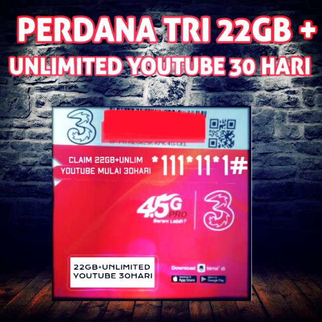 Perdana tri 22GB + unlimited youtube 30hari