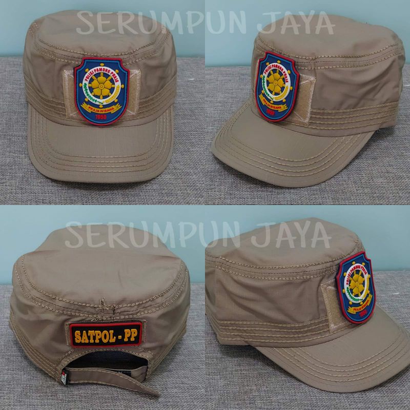 TOPI KOMANDO KREM SATPOL PP LOGO BIRU - TOPI SATPOL PP KOMANDO VELCRO KREM 2 PATCH