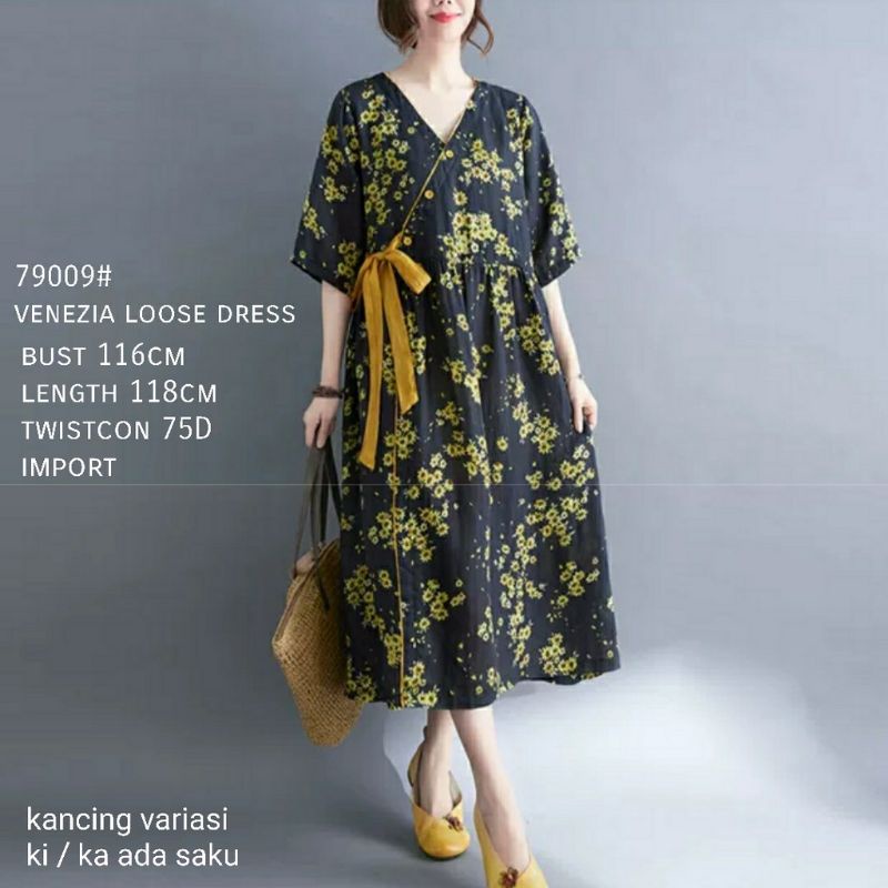 Fashion Baju Maxi Dress lengan pendek motif bunga model kimono ada pita dan saku kiri kanan santai p