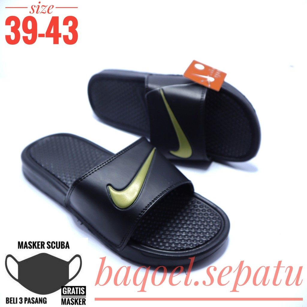 sendal nike benassi pria wanita swoosh slide sport slop slot flip flop sandals hitam gold