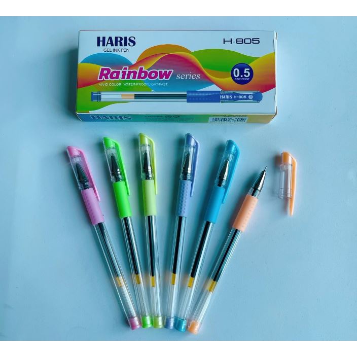 

(12pcs) Pulpen Gel Jarum RAINBOW Pastel 0.5 mm / Pen Jel Lancip Murah / Bolpen Gel Hitam