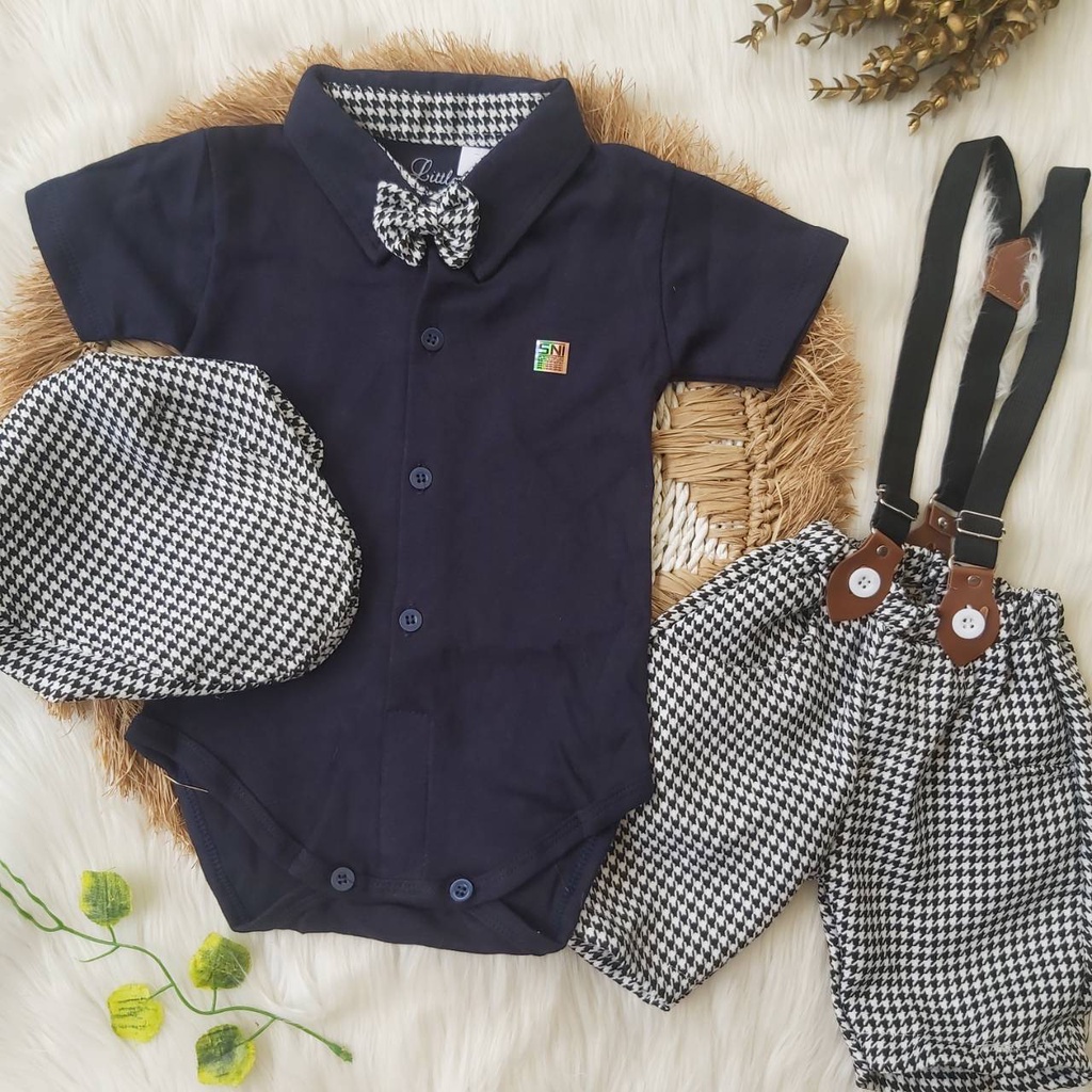 Baju bayi setelan jumper kotak suspender jalan jalan buat anak 3-9 bulan