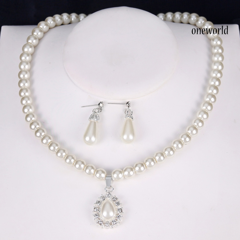 OW@ Royal Style Princess Imitation Pearl Teardrop Pendant Elegant Necklace Earrings