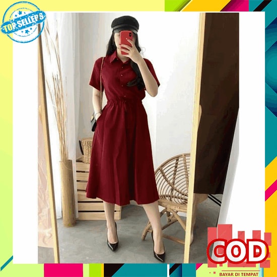Maxi Dress Panjang Lengan Pendek Baju Terusan Wanita Korea Casual Dress Long Dres Hitam Army - Rana 