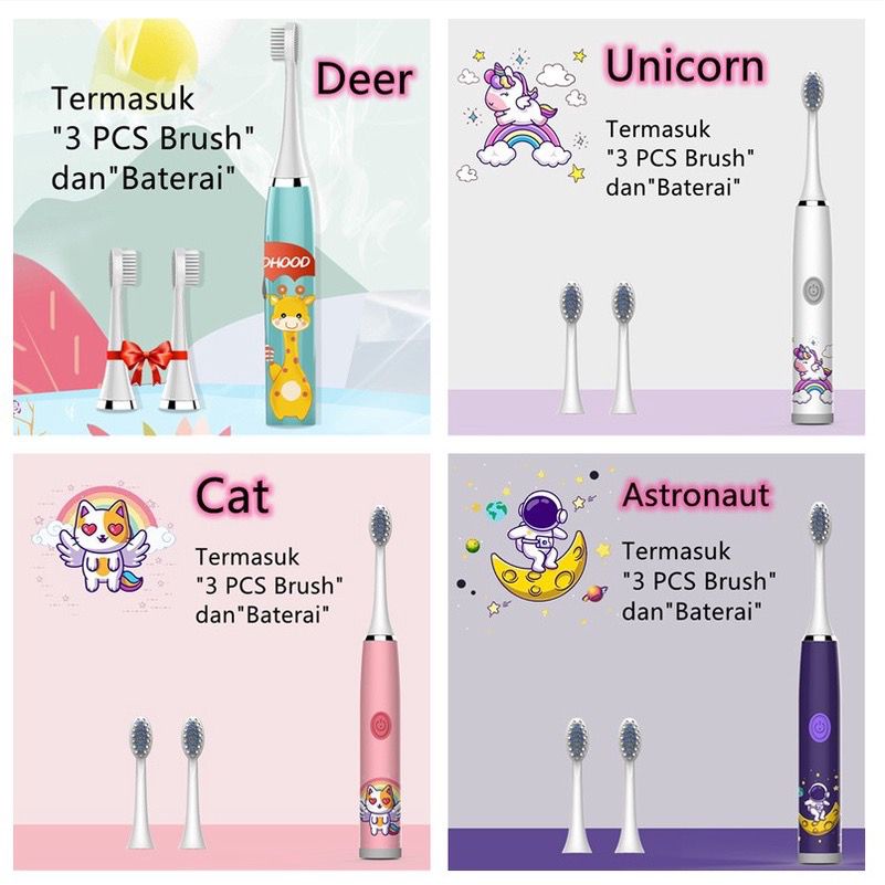 Sikat Gigi Anak Electric Toothbrush Sonic Vibration Sikat Gigi Anak Elektrik Baterai AA