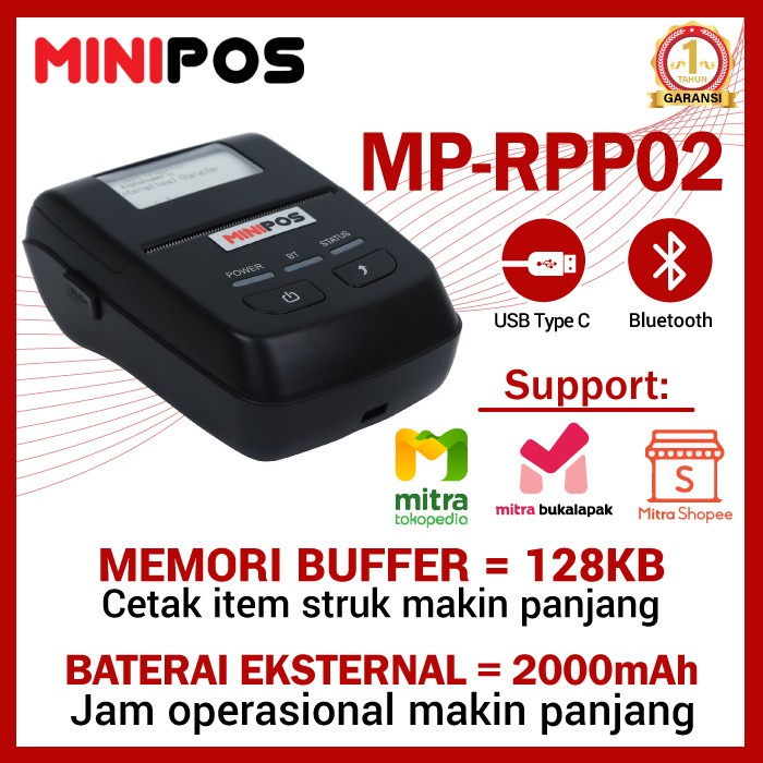 Printer Thermal Bluetooth MINIPOS MP-RPP02 58mm Memori 128KB, Baterai 2000mAh Mobile