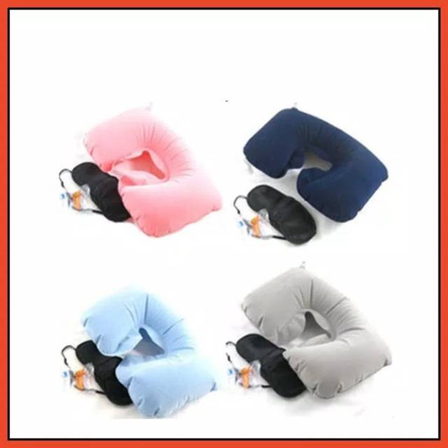 Travel pillow bantal leher udara penutup mata telinga untuk jalan 1 set dengan penutup telinga mata