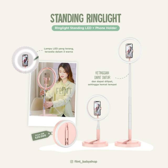 Standing HP handphone ringlight phone holder with lampu LED menggunakan listrik pink white putih