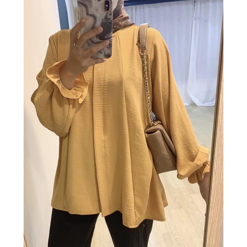 Puffy Crincle Blouse Wanita  / Blouse Salur Wanita / Blouse Kerja Wanita-HILARY MUSTARD BLOUS
