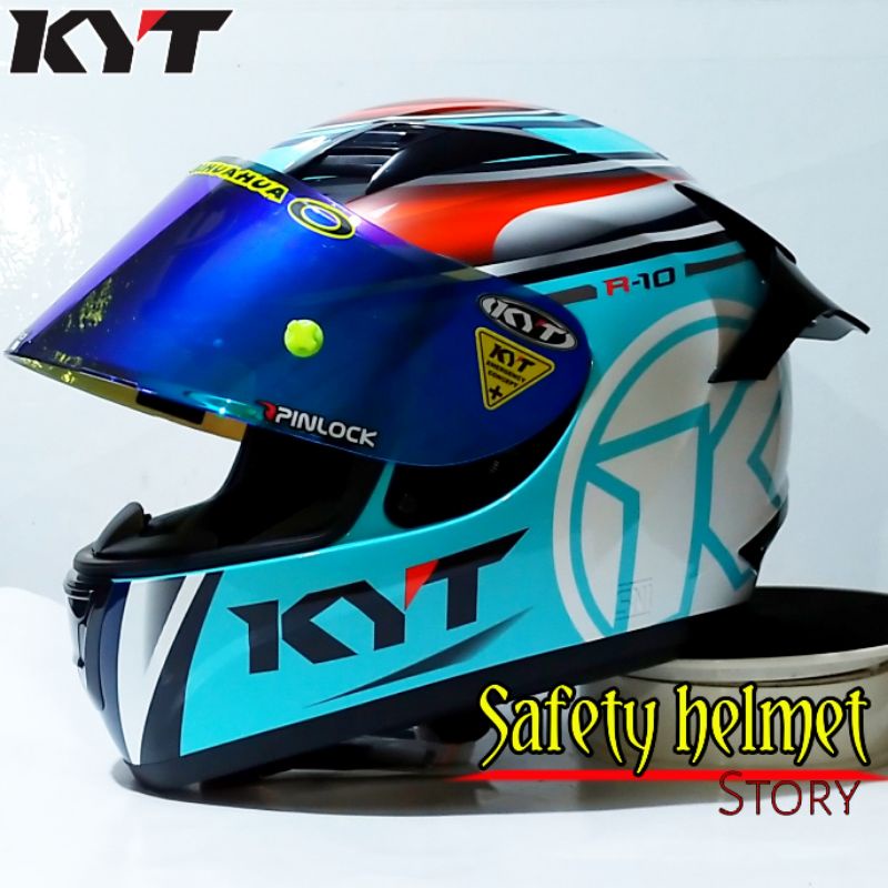 Helm Full face KYT R-10 solid white Leopard Modif Paket ganteng (Original)-pk gantng Aquamarin