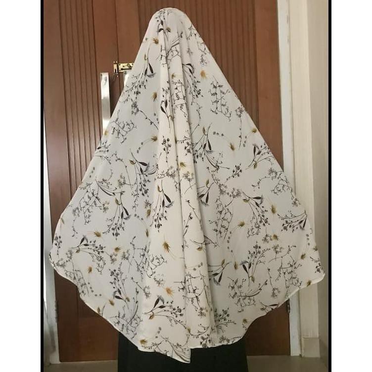 JUAL MURAH KERUDUNG KHIMAR HIJAB SYARI BAHAN CREPE MOTIF BUNGA NON PET WHITE