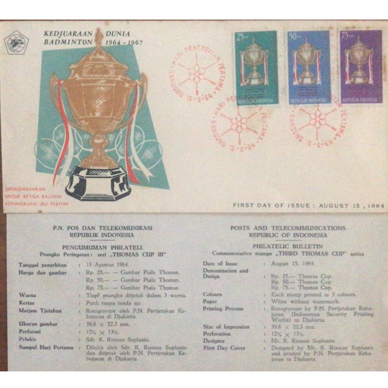 

Sampul Hari Pertama (SHP / FDC) Prangko THOMAS CUP th 1964