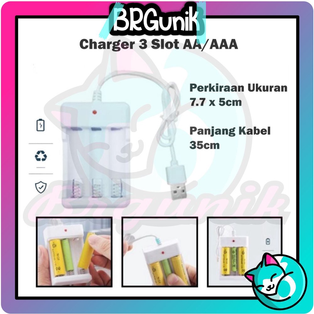 BRGUNIK Battery Rechargeable Charger 3 Slot Usb AA/AAA Batre Isi Ulang R542