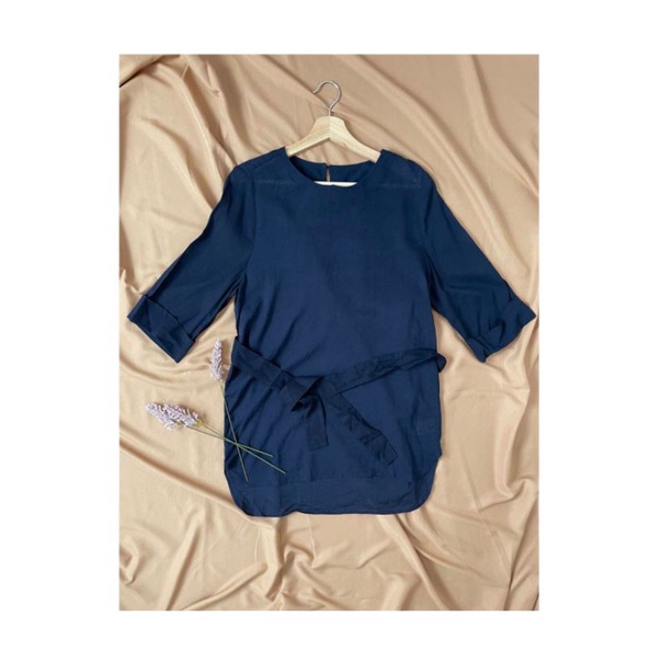 kenzi Navy Basic Cotton Linen Loose Blouse