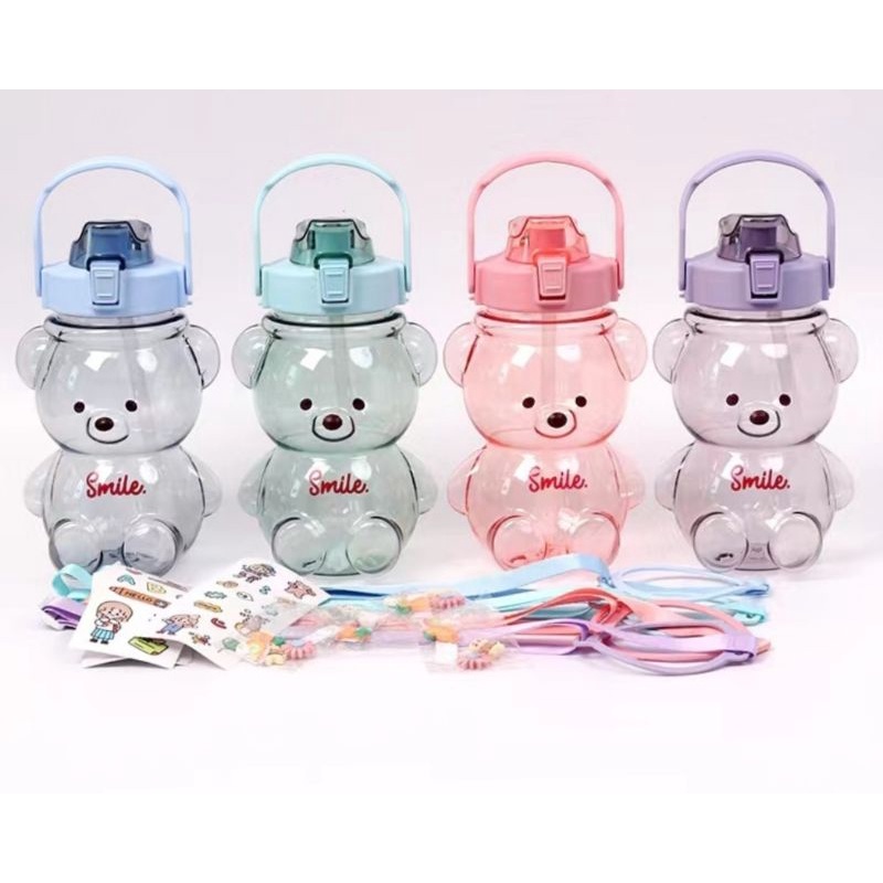 New Botol Minum Motivasi Bening Bentuk Boneka Beruang 1.100ml Free Sedotan dan Tali panjang