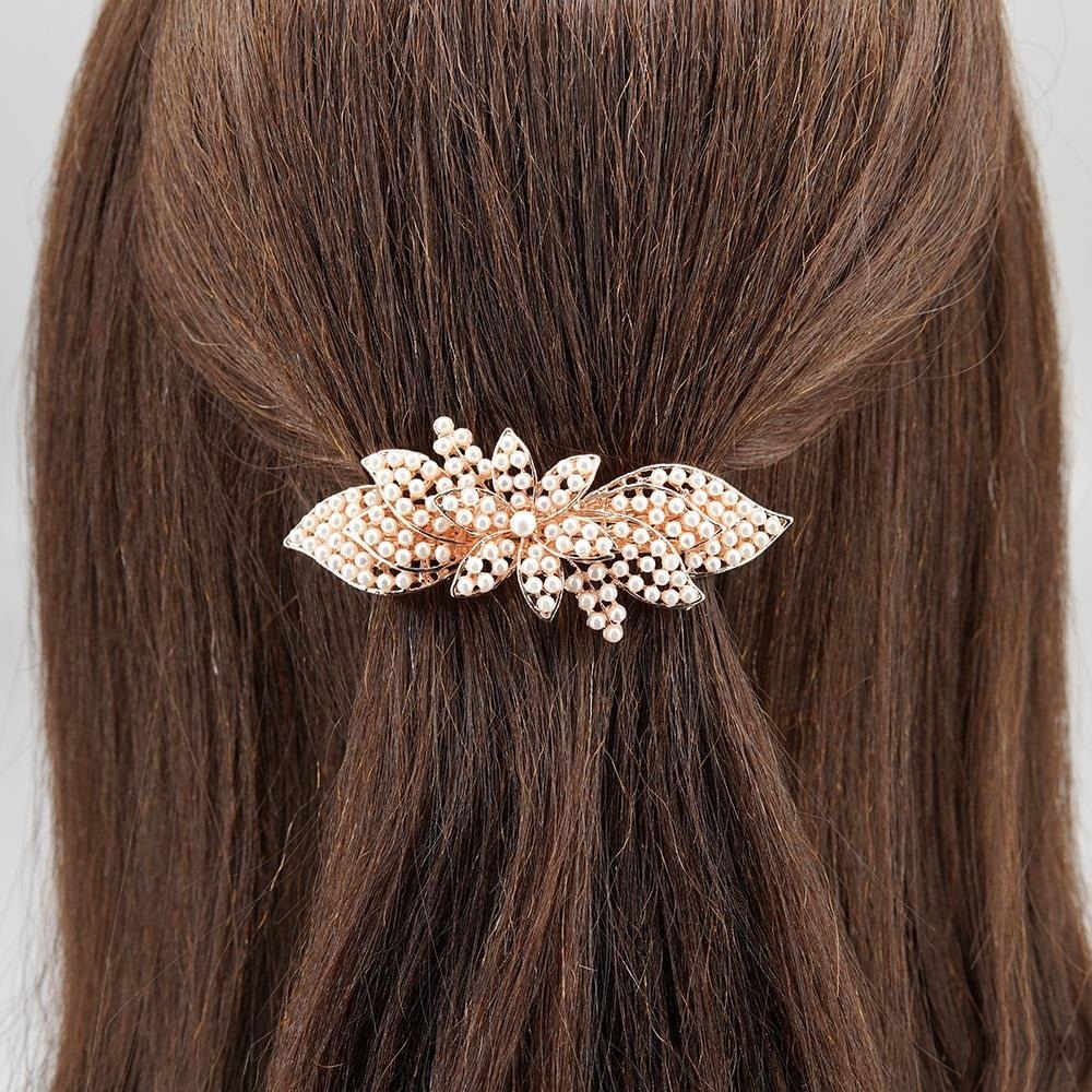 Jepit Rambut Otomatis 9cm Mutiara Warna Emas Jedai Besi Elegan Wanita Dewasa Gold Alloy Pearl Barrette Hair Clip