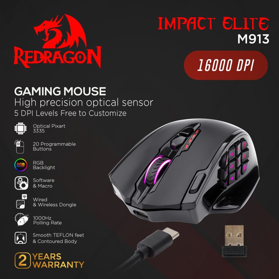 Redragon M913 Impact Elite Wireless Gaming Mouse - Hitam/Putih, 16000 DPI, 16 Juta Warna RGB