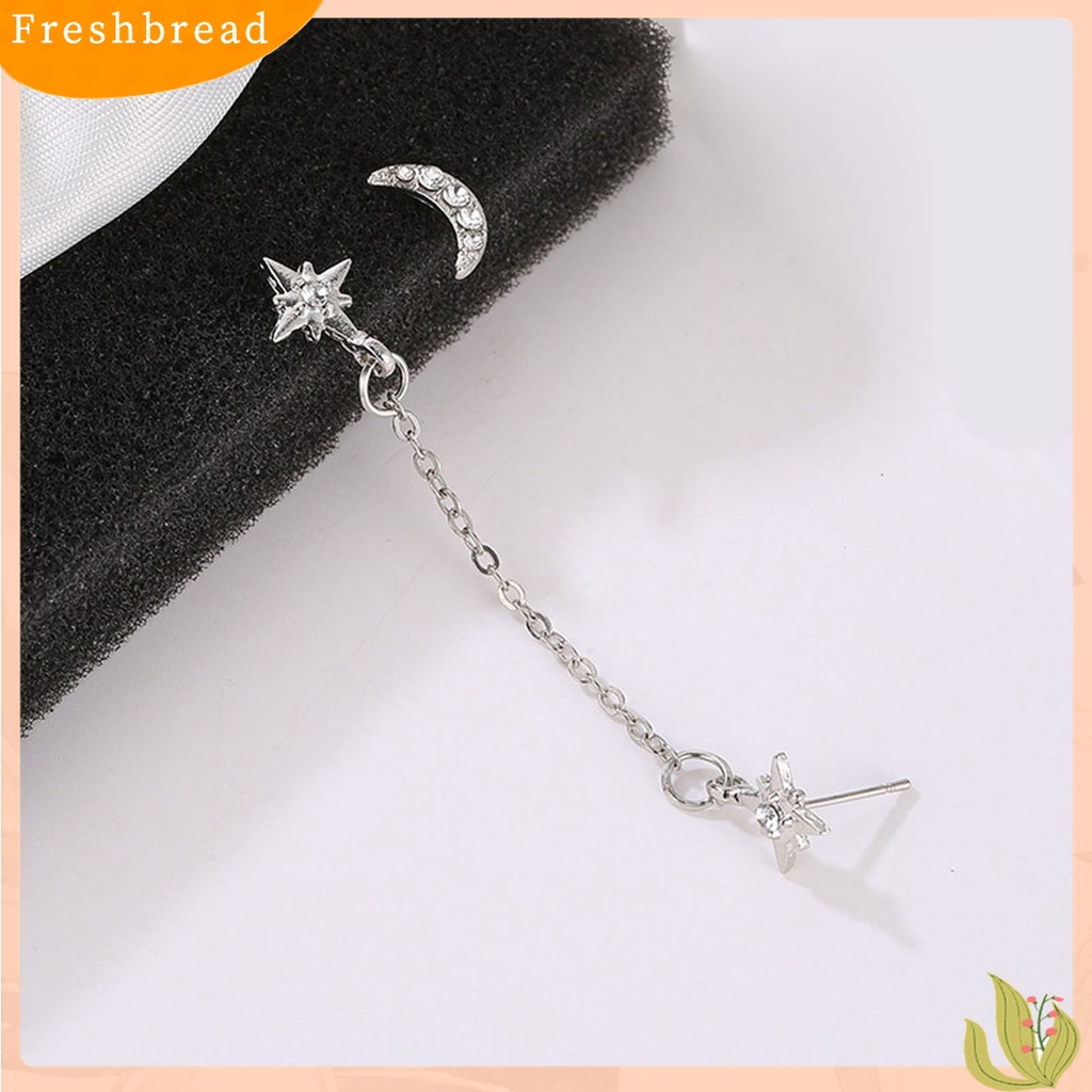 [Fresh] 2Pcs / Set Anting Tusuk Rantai Aksen Bulan / Bintang / Berlian Imitasi untuk Wanita