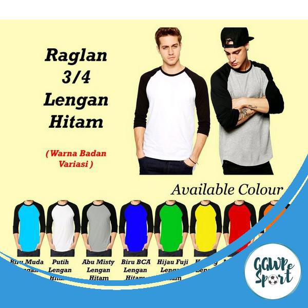 Kaos Raglan Wanita Pria Premium Combed 30S Lengan Warna Hitam Warna Badan Variasi Kualitas Terbaik