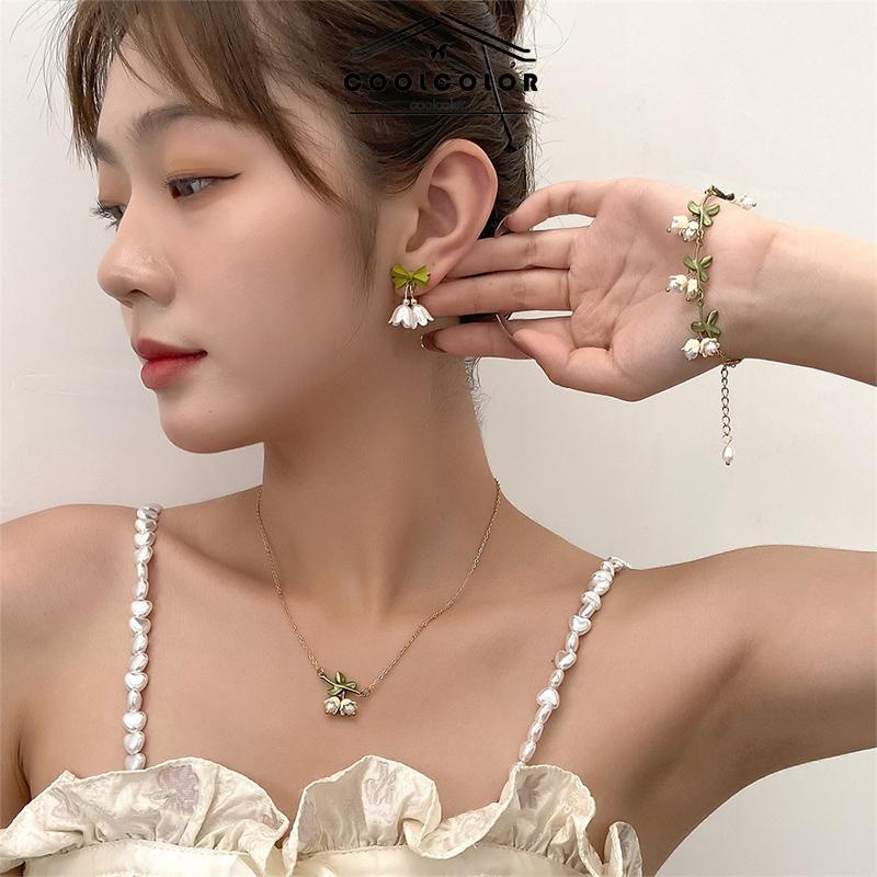 COD Bunga Anggrek Mutiara Musim Semi Desain Unik Indah Elegan Anting-Anting Gelang Kalung- cl