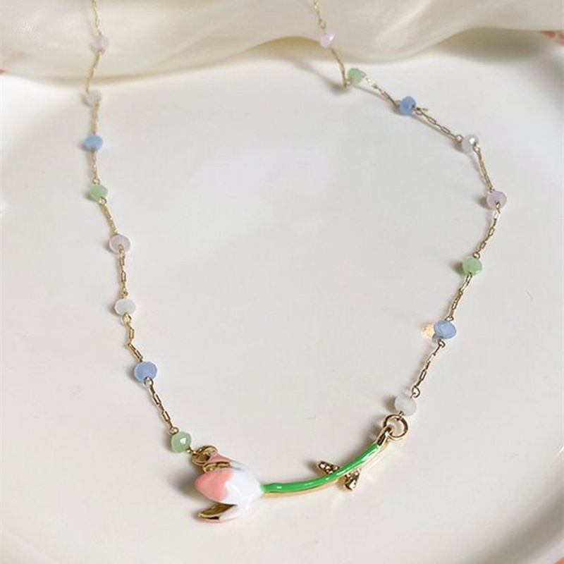 Kalung Rantai Desain Bunga Tulip Warna Pink Gaya Korea Untuk Wanita
