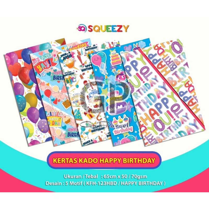 ( 5 Lembar ) KERTAS KADO SQ DOFF - GIFT WRAPPING PAPER HAPPY BIRTHDAY SELAMAT ULANG TAHUN ANAK / HBD HBDAY BDAY BALON PESTA PARTY KADO ULTAH