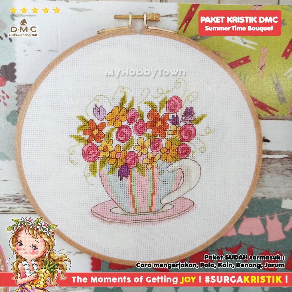 Paket DIY Craft Sulam Kristik Strimin TUVA Retro - Summer Time Bouquet Bunga Cangkir Teacup