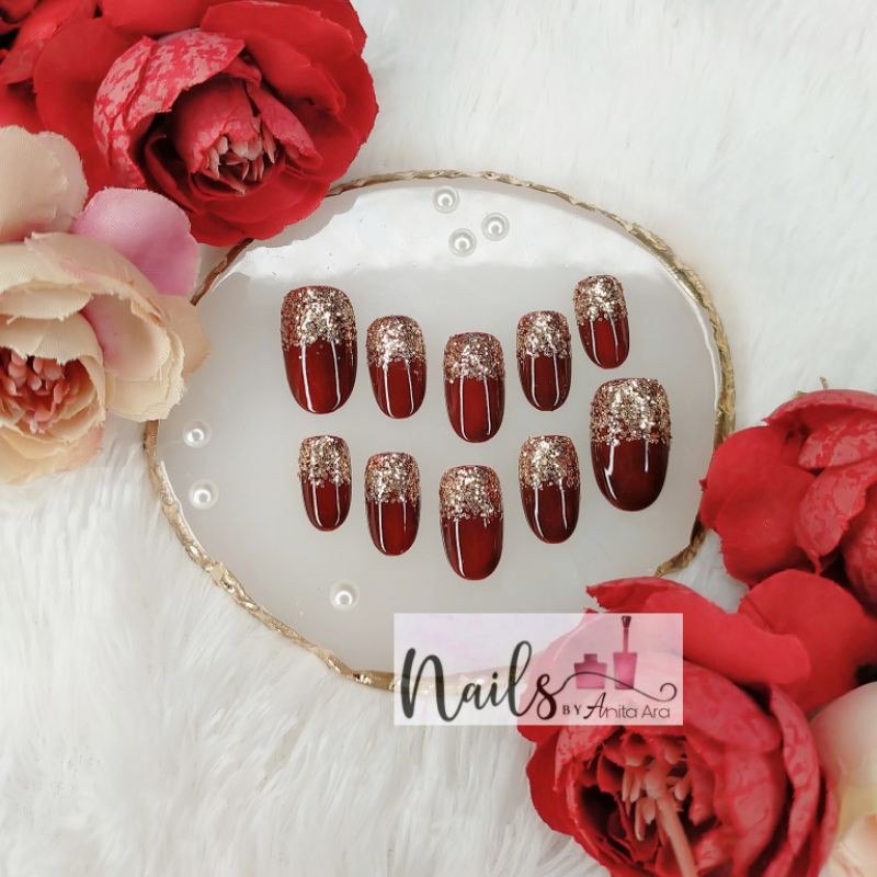 Kuku palsu dark maroon Glitter soft gold