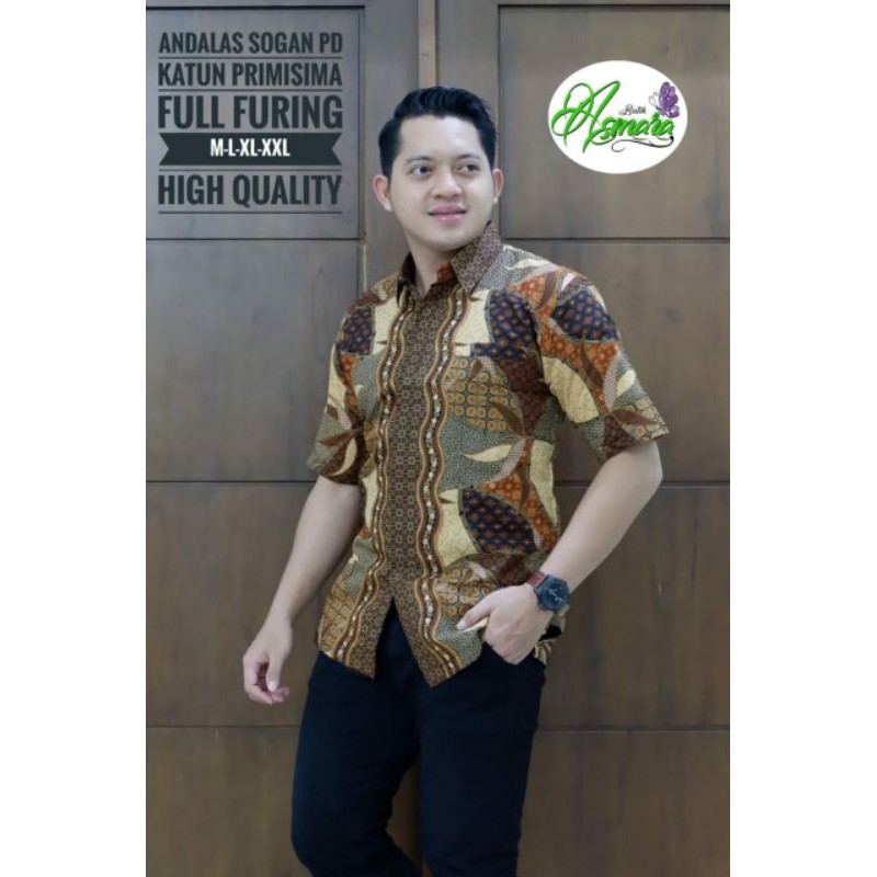 Hem Batik Lengan Pendek Pria Batik Pria Coklat Lengan Pendek ANDALAS SOGAN PENDEK