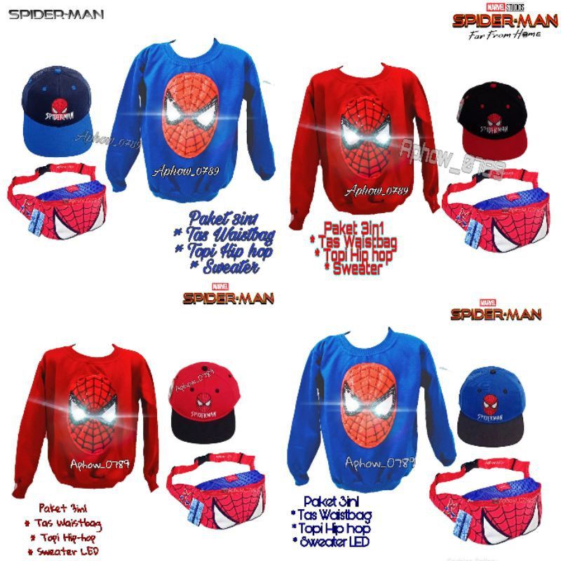 Real Pict !! Paket 3in1 Jaket Sweater Anak Laki-laki Spiderman Led Usia 2-9thn