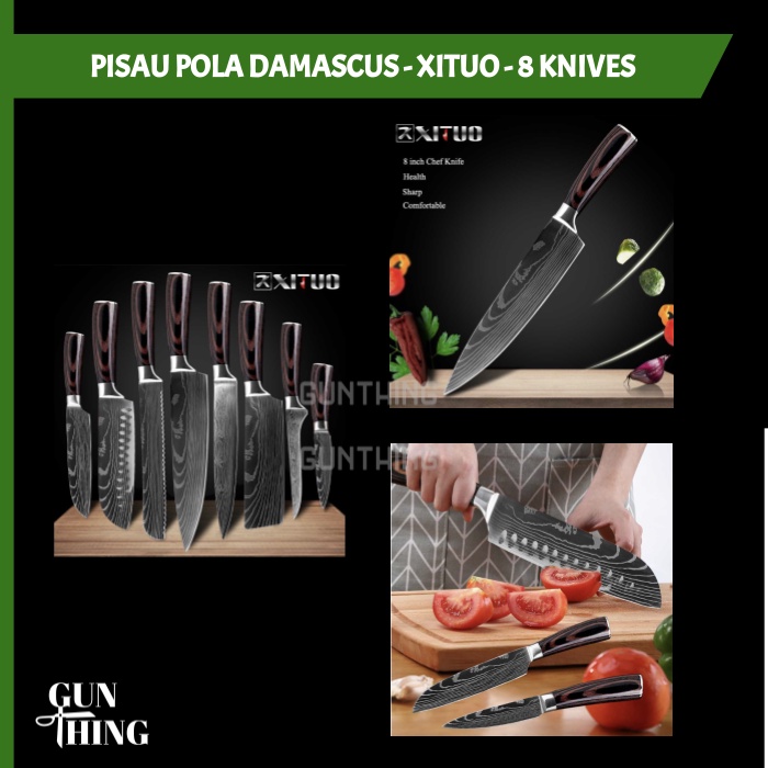 Pisau Dapur Damascus - XITUO 8 Knives / Chef Boning Santoku Paring Bread Cleaver Slicinng
