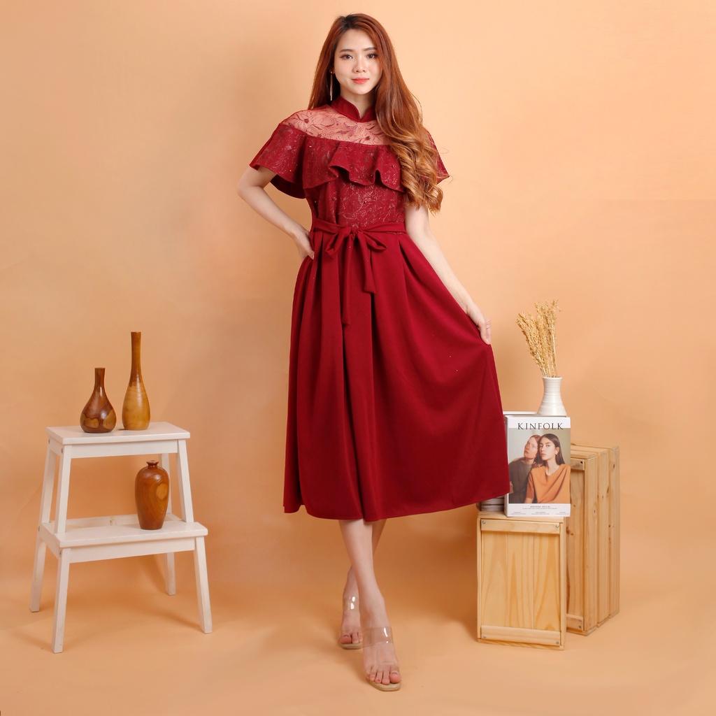 Kathryn collection #4194 , Medium dres scuba import kombinasi tile bordir gliter mutiara