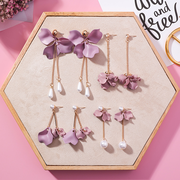 Anting Wanita Anting Bunga Dusty Pink Rumbai Mutiara Permata Aksesoris Fashion Earrings