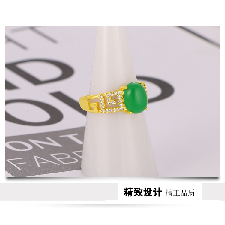 Cincin Lapis Emas Asli Kadar 375 Hias Berlian Kalsedon Hijau Untuk Pria Dan Wanita