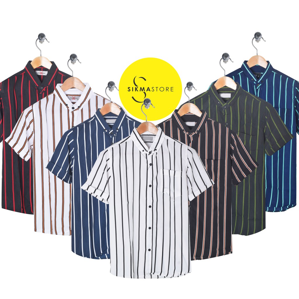 Kemeja Pria Salur/ Kemeja Cowok Salur Hem Pria Casual Salur Vertikal Lengan Pendek