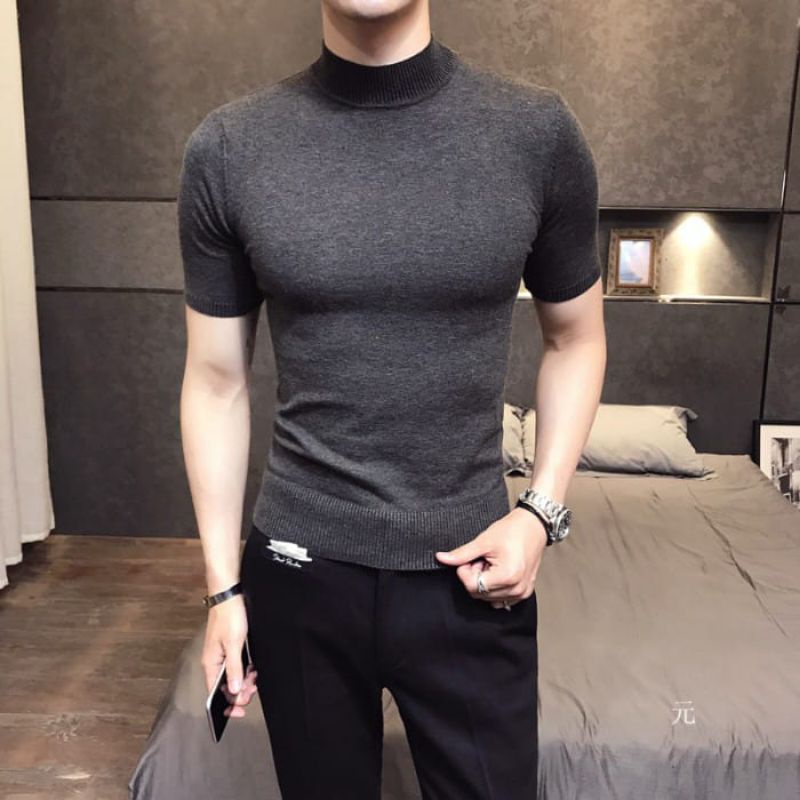 Kaos Korea polos lengan pendek & lengan panjang leher tinggi turtleneck pria abu tua - turtle neck p