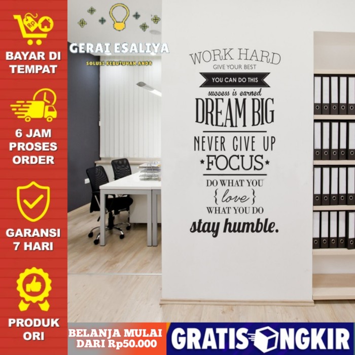 Sticker Wallpaper Dinding Work Hard Living Room Decoration Black