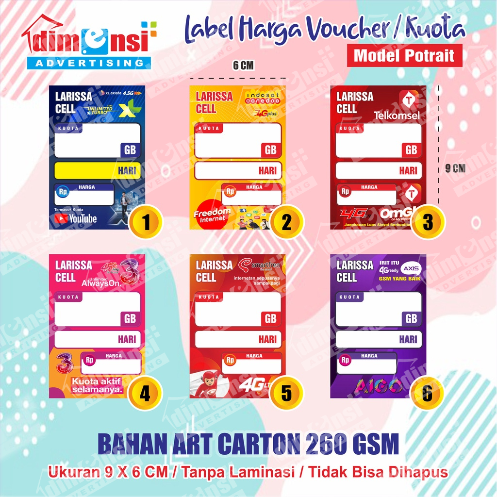

Label Harga Voucher Konter / Display Harga Etalase Konter - Potrait (Minimal 25 Pcs) - DIMENSI ADV