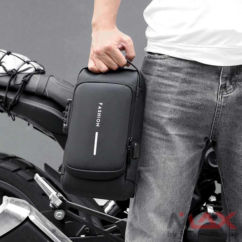 Tas Selempang Pria Wanita ideal untuk bikers pengendara motor dengan USB Charger dan gembok anti maling Slot Tas Pinggang Pria Tas Macho Fashion Sling Bag Pria Men's Multifunction Anti-theft USB Shoulder Bag Man Crossbody Cross body Travel Sling Chest Bag