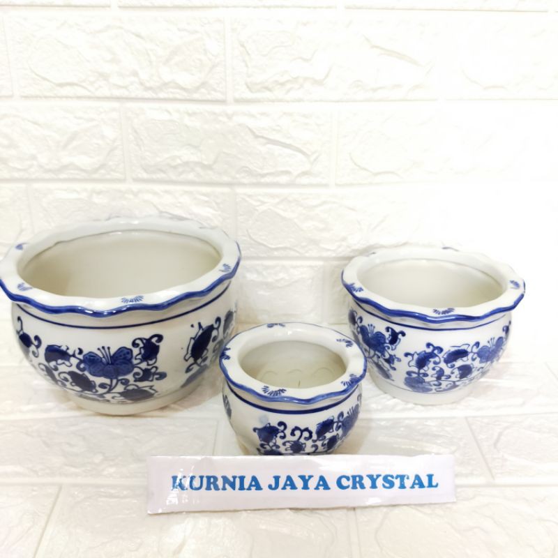 Pot Tanam Keramik Biru Putih Bulat/Pot Tanaman Keramik/Pot Keramik 1 set isi 3 Diameter 20,15, 10 cm