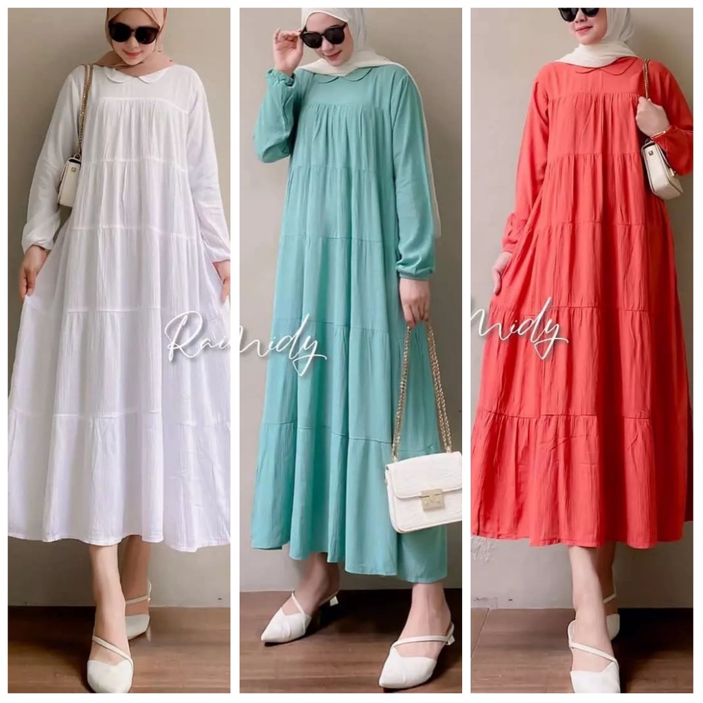 [Cod]Raisha Midi Dress Polos Gamis Rayon Premium Midi Dress Wanita Terbaru Semi Dress Muslim Kekinian Midi Dress Jumbo Midi Dress Polos Warna putih Hitam Moca