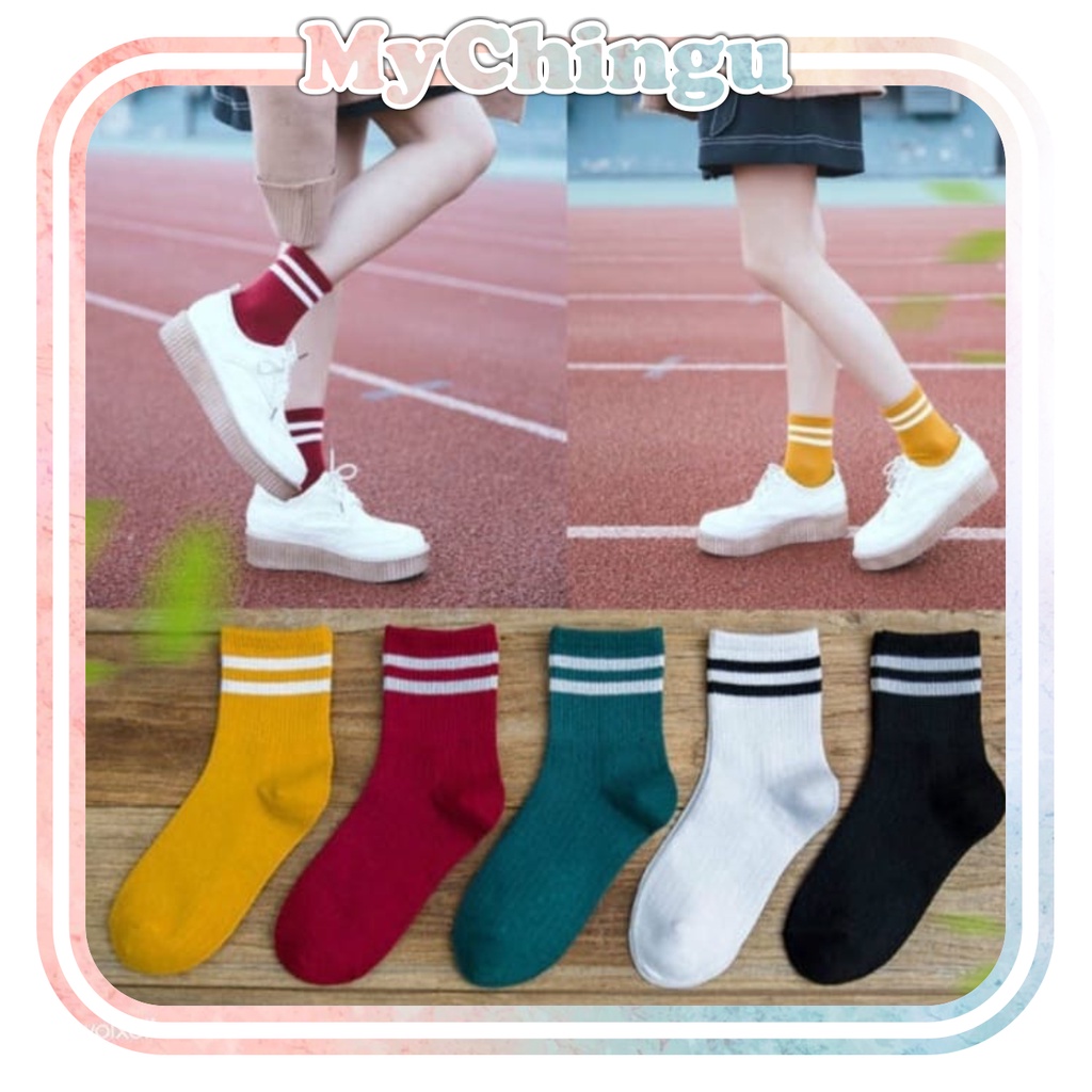 ❀ Chingu ❀ KK006 Kaos Kaki (Tanpa Kemasan) Wanita Panjang Diatas Mata Kaki Motif Garis Olahraga Fashion Korea Women Sock Import Murah