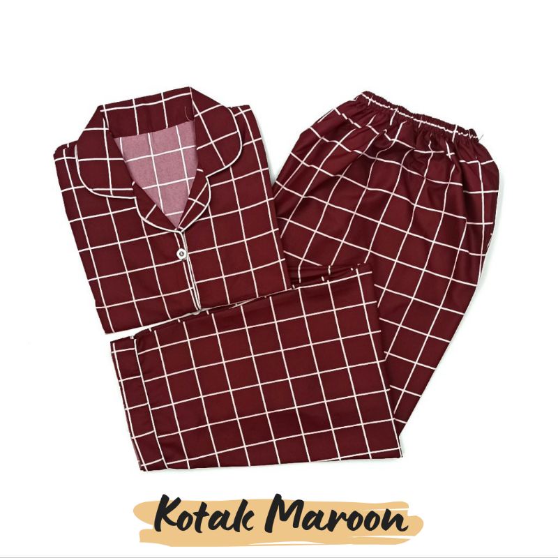 Baju Tidur Wanita | Piyama Wanita Kekinian | Oneset Setelan Wanita Bahan Katun Polymicro Bebas Pilih Motif-Kotak Maroon