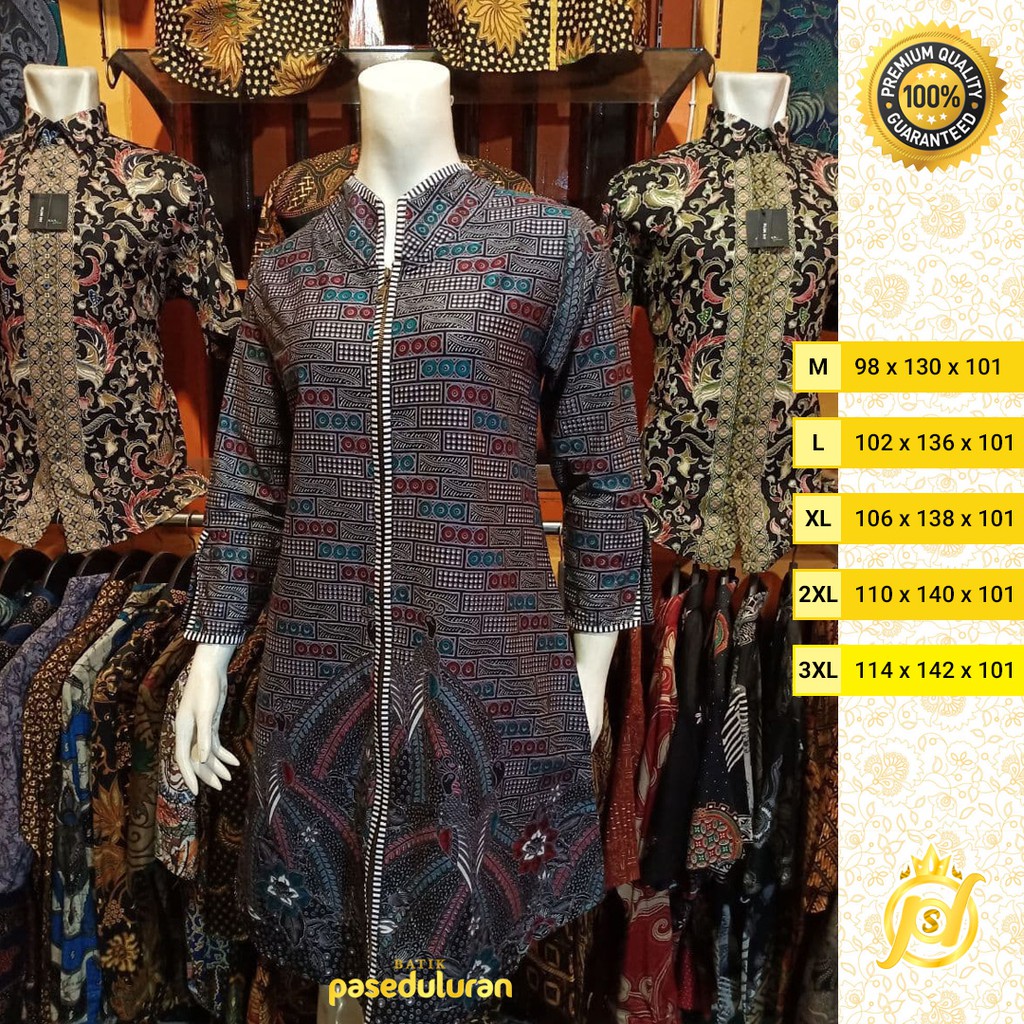 Tunik Wanita Batik Atasan Premium Motif Boto Kotak Warna Merah Hijau Resleting Panjang Terbaru