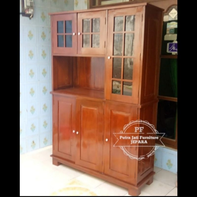 Lemari dapur kayu jati - Rak tempat piring gelas /gerabah mebel murah Jepara
