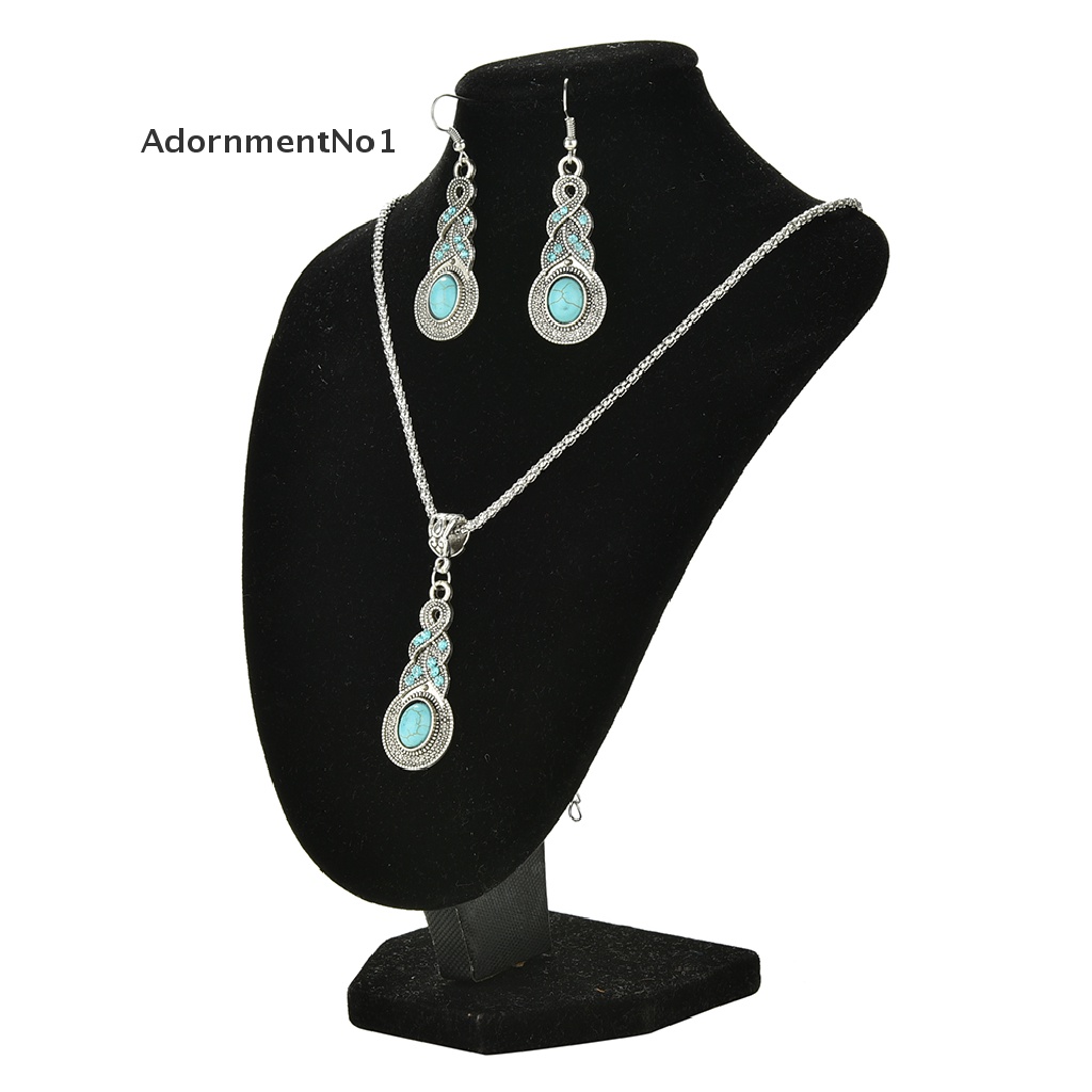 (AdornmentNo1) Set Kalung + Anting Kait Gantung Vintage Retro Elegan Aksen Batu Turquoise Untuk Wanita