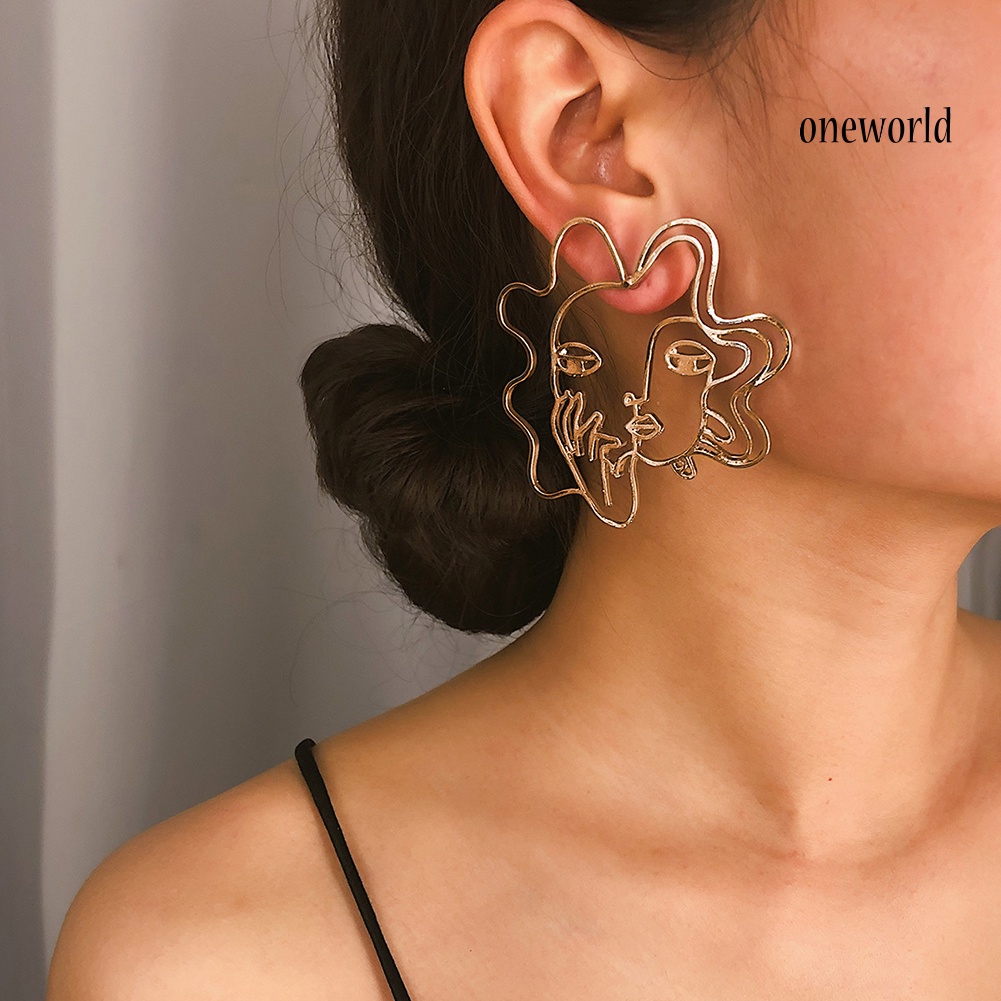 OW@ Creative Women Hollow Abstract Face Charm Statement Stud Earrings Party Jewelry