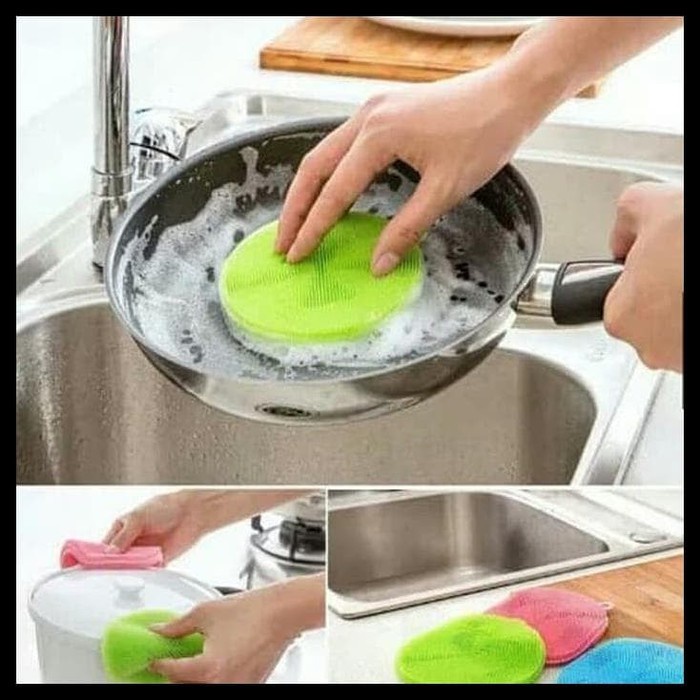 SPON SILIKON dish BULAT CUCI PIRING panci scouring pad serba guna ANTI KUMAN BAKTERI sponge silicone cleaning wash brush pan