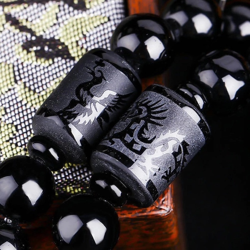 Gelang Manik-Manik Obsidian Bulat Motif Naga Phoenix Warna Hitam Gaya China